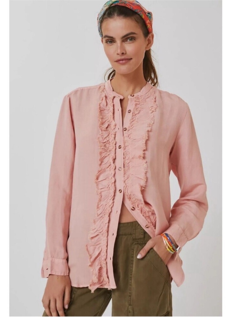 ANTHRO Pilcro peachy pink ruffle placket button down shirt linen blend small